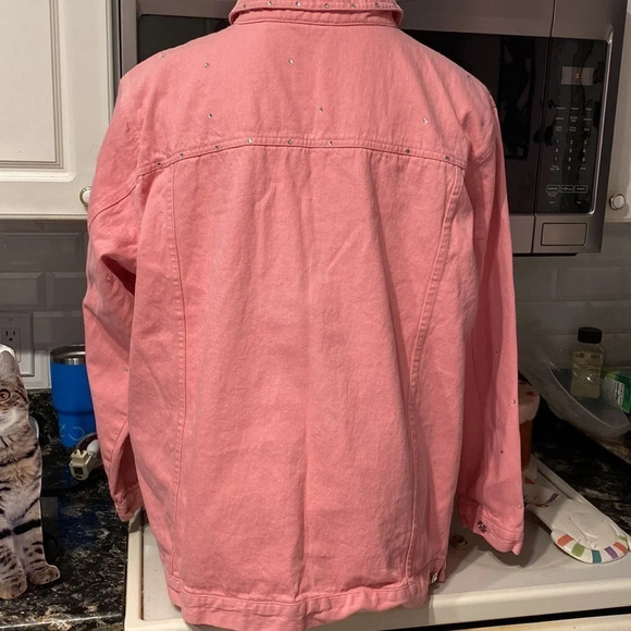 T Quaker Factory solid pink diamond buttons plus size denim jacket 3X - Picture 3 of 4